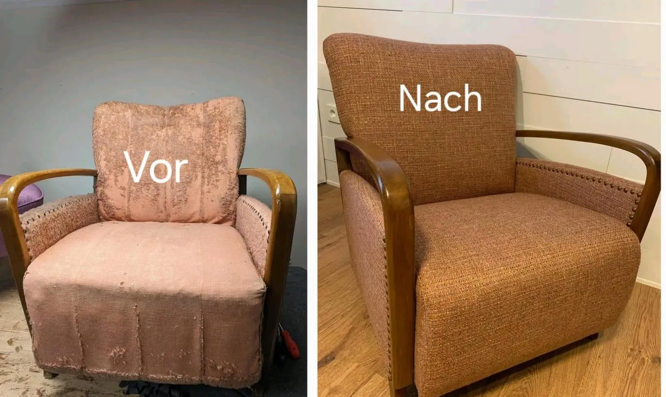 Sessel vor und nach dem braunen Neubezug